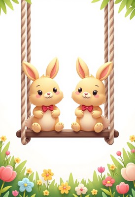 Cute rabbits on a swing in a colorful garden setting