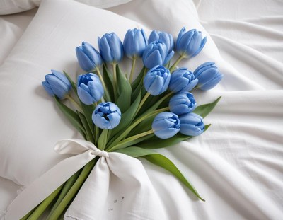 Beautiful blue tulip bouquet on a white bed