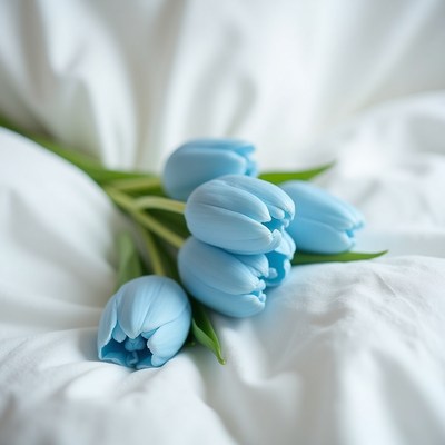 Beautiful blue tulips resting on soft white fabric