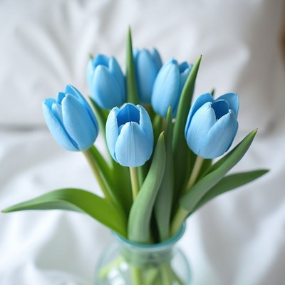 Bright blue tulips in a glass vase on a soft surface