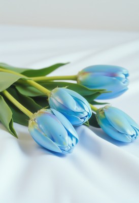Delicate blue tulips arranged elegantly on soft fabric