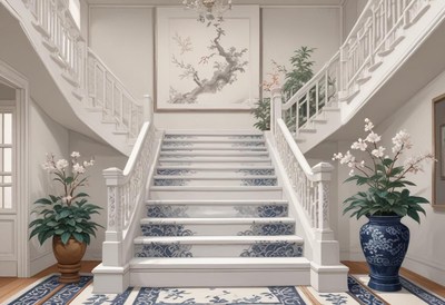 Elegant staircase design in a spacious foyer area