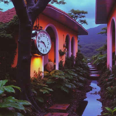 Serene garden pathway with clock at twilight