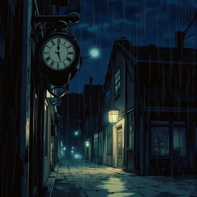 Rainy night in a quiet cobblestone street with a clock