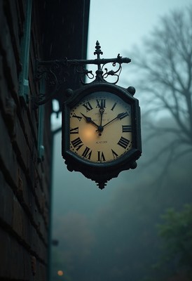 Vintage clock hanging on a damp wall in the fog