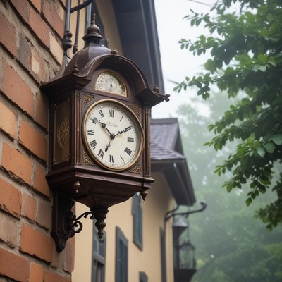 Vintage clock hangs on brick wall in foggy setting