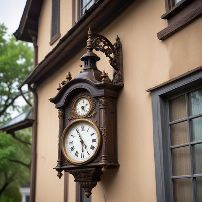 Vintage wall clock adds charm to historic building exterior