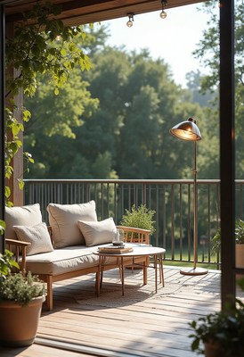 Cozy balcony with greenery and warm afternoon light