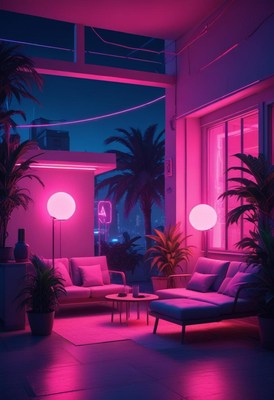 Elegant indoor lounge with neon lighting in the evening