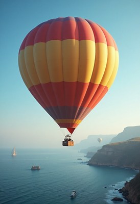 Colorful hot air balloon soaring over coastal waters