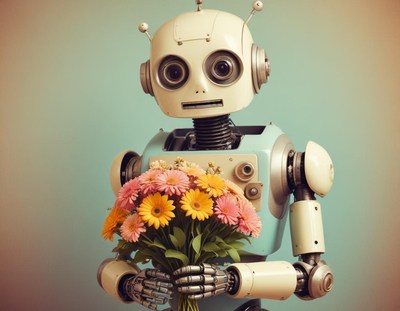 Robot holding colorful flowers in a playful setting