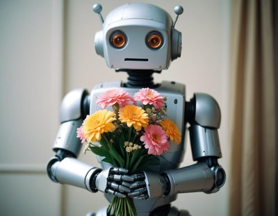 Robot holding a bouquet of colorful flowers indoors