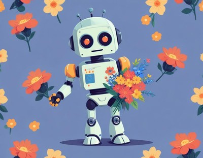 Robot with flowers in a floral background