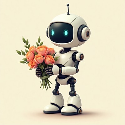 Robot holding a bouquet of flowers
