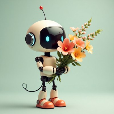 Robot holding a bouquet of flowers in a soft background