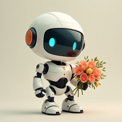 Robot holding a bouquet of flowers in a studio setting