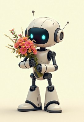 Robot holds colorful flowers in bright setting