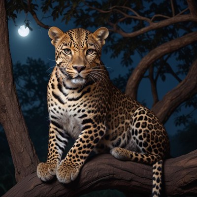 Leopard resting on a tree branch at night