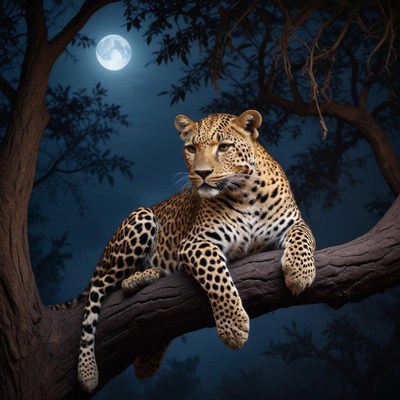 Leopard resting on branch under moonlit sky at night