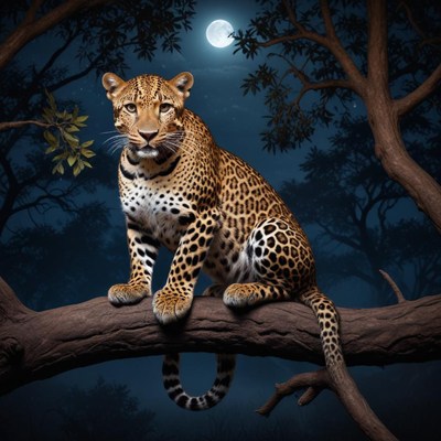Leopard resting on a tree branch under the moonlight