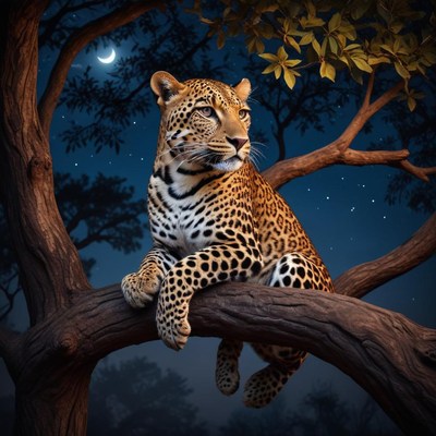 Leopard resting on tree branch under moonlight