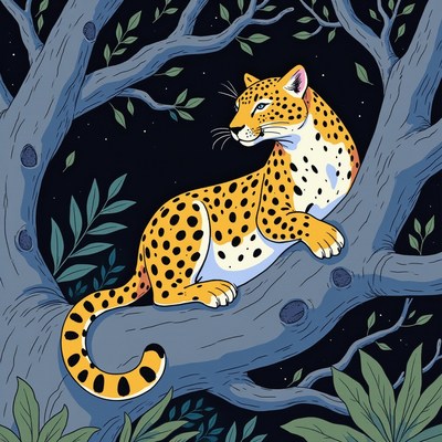 Leopard resting on a tree branch at night