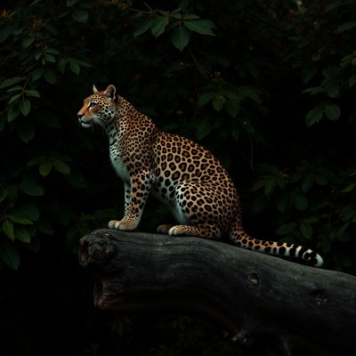 Leopard resting on a log in a dense forest