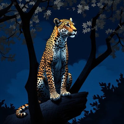 Leopard resting on a tree branch at night in the jungle