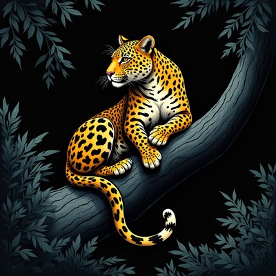 Jaguar resting on a tree branch in a jungle setting
