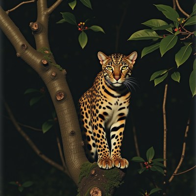 Leopard resting on a tree branch at night