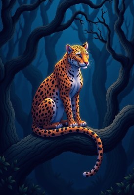 Leopard resting on a tree branch in a dense forest