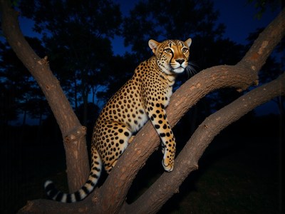Leopard rests gracefully on tree branch at night