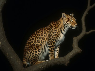 Leopard resting on a branch in a dark jungle setting