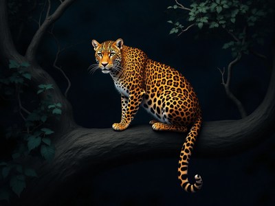 Leopard lounging on a branch at twilight