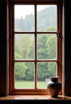 Window view with a vase beside it in a tranquil setting