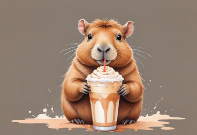 Cute capybara enjoying a milkshake with a smile