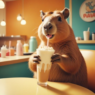 Capybara enjoys a milkshake in colorful cafe setting