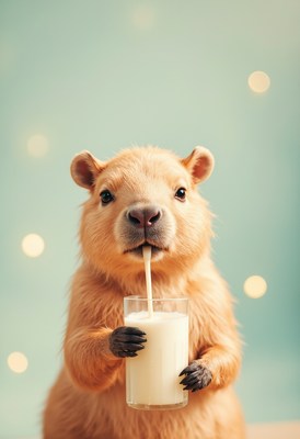 Capybara sipping milk with a playful expression