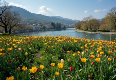 Colorful tulip garden by the river in springtime