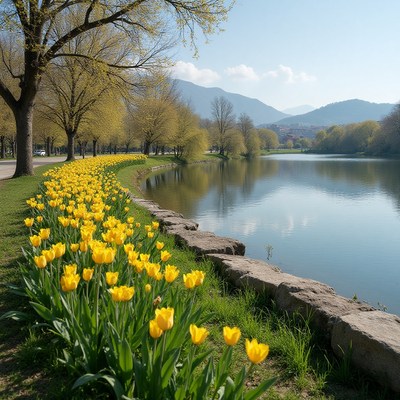 Bright yellow tulips bloom by the serene river banks
