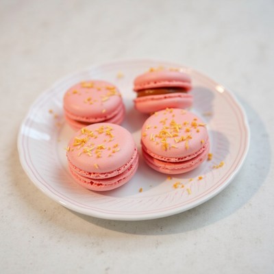 Delicious pink macarons on a white plate