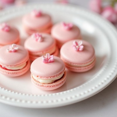 Delicate pink macarons with floral decoration on a plate