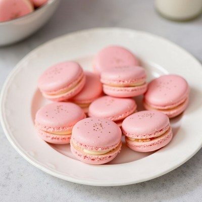 Delightful pink macarons on a white plate for dessert