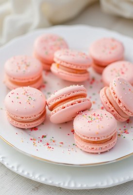 Pink macarons with colorful sprinkles on a white plate