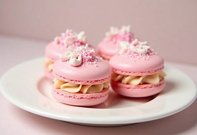 Delicious pink macarons on a white plate