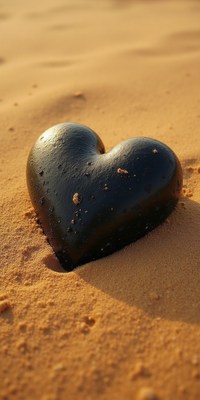 Heart-shaped stone resting on sandy beach at sunset