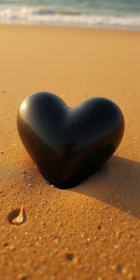 Black heart shaped stone on sandy beach at sunset