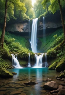 Majestic waterfalls flow through lush green forest