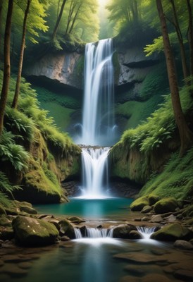 Majestic waterfall in a lush green forest landscape