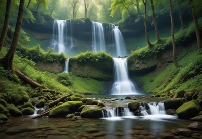 Serene waterfalls cascade through lush green forest
